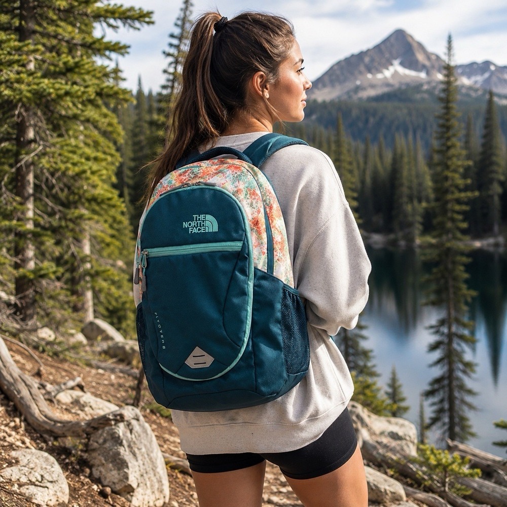 The North Face Pivoter Everyday Laptop Backpack Green Geometric School Travel